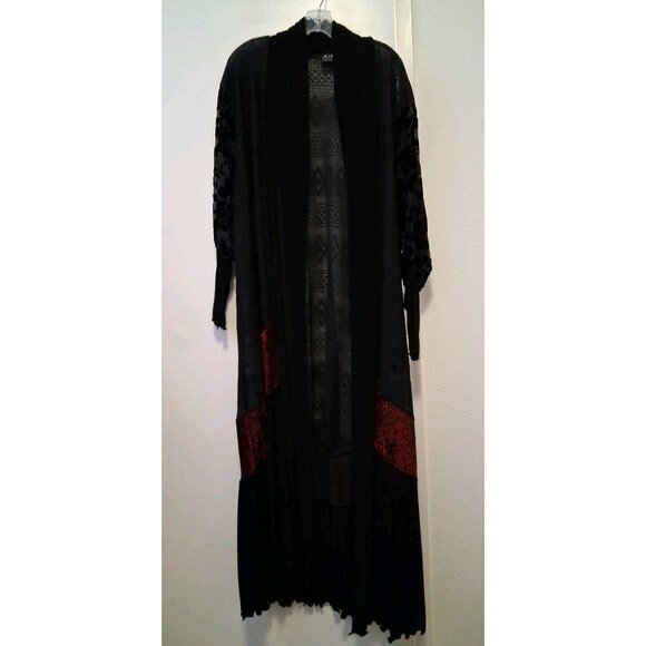 Ahni Long Duster Jacket Lace Velvet Burnout Boho Black Burgundy 2X - Picture 1 of 9